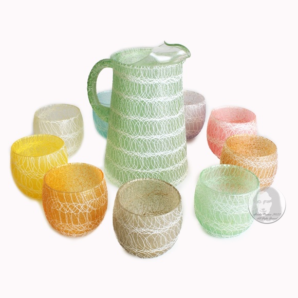 Vintage Spaghetti String Barware Set 10pc Pitcher + Roly Poly Cups Drinkware 50s - Picture 1 of 14